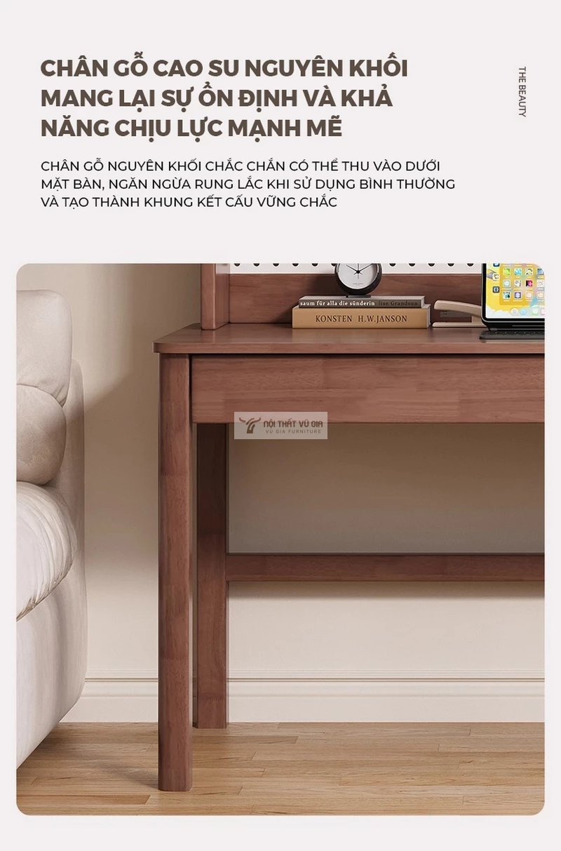 Bàn gỗ tự nhiên thiết kế hiện đại kết hợp tấm treo đa năng SD264 sử dụng chân gỗ cao su chắc chắn