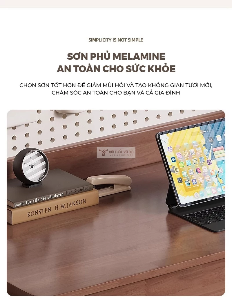 Bàn gỗ tự nhiên thiết kế hiện đại kết hợp tấm treo đa năng SD264 sử dụng lớp phủ an toàn