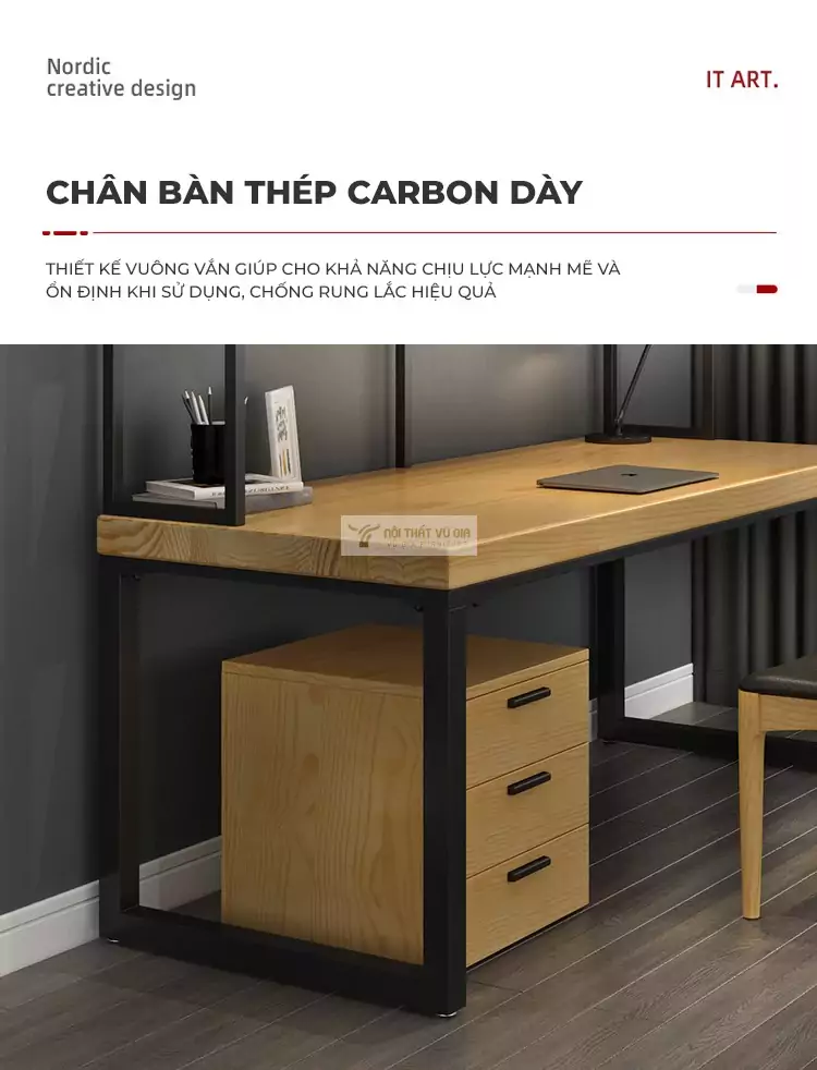 Bàn gỗ tự nhiên thiết kế kết hợp lưu trữ tối ưu SD21 sử dụng chân thép chắc chắn
