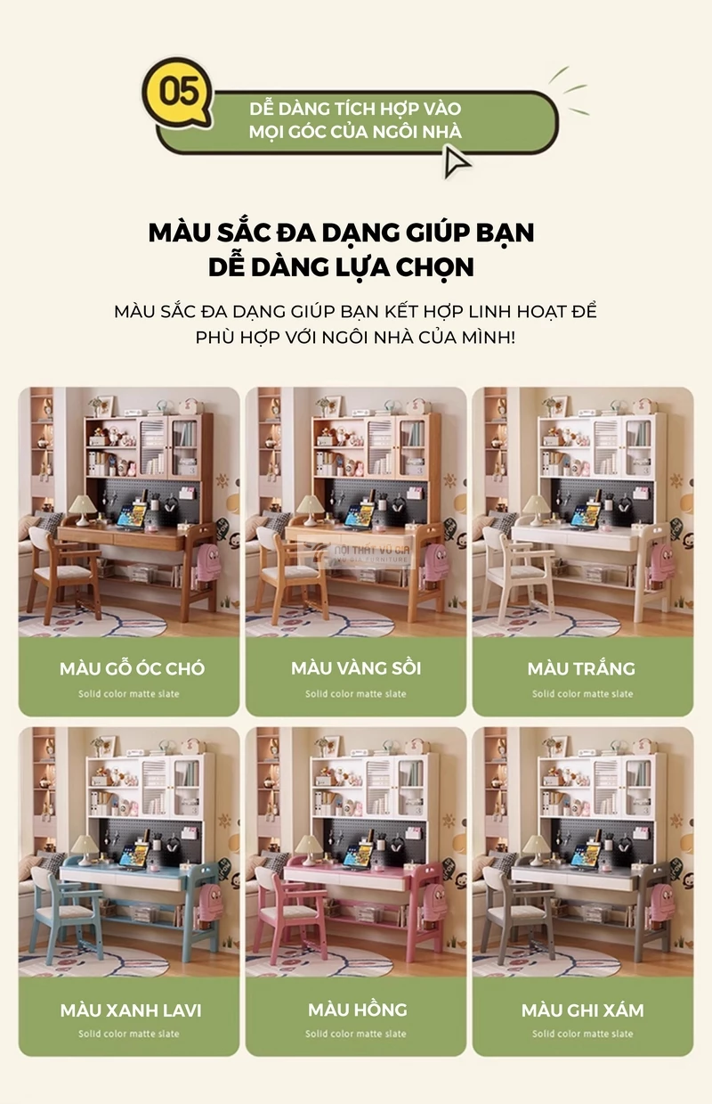 tùy chọn màu sắc của Bàn gỗ tự nhiên thiết kế thanh lịch, hiện đại tích hợp giá sách lớn SD265