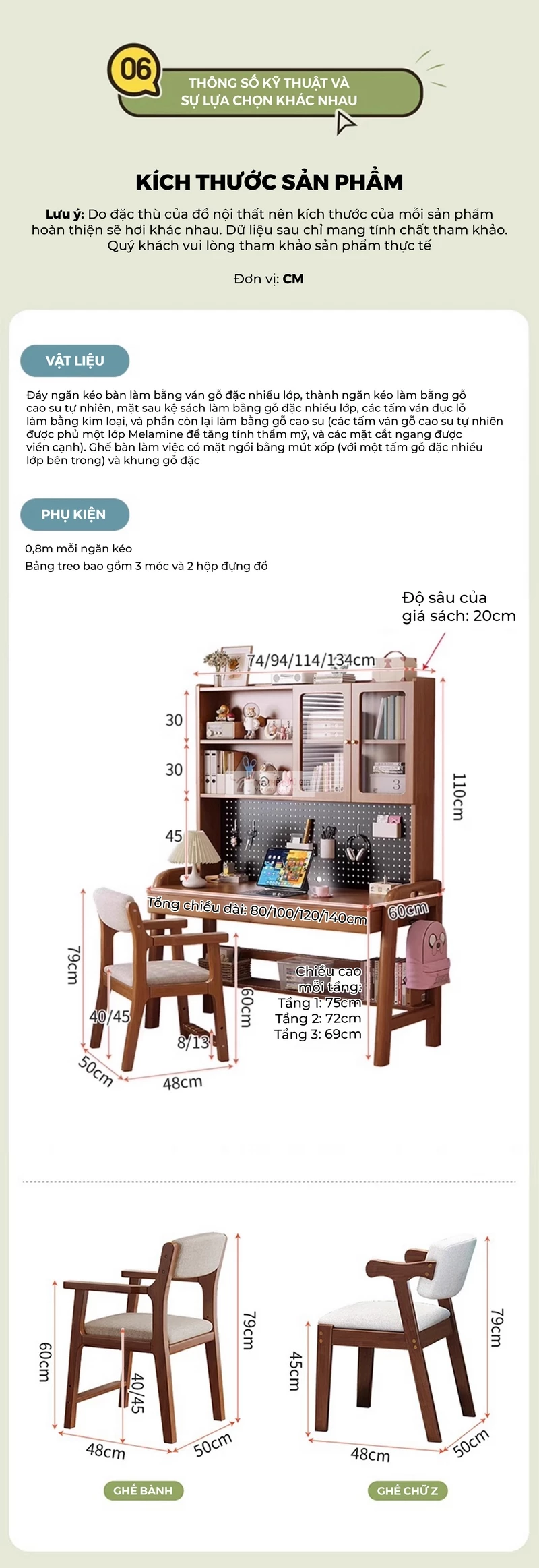 kích thước chi tiết của Bàn gỗ tự nhiên thiết kế thanh lịch, hiện đại tích hợp giá sách lớn SD265