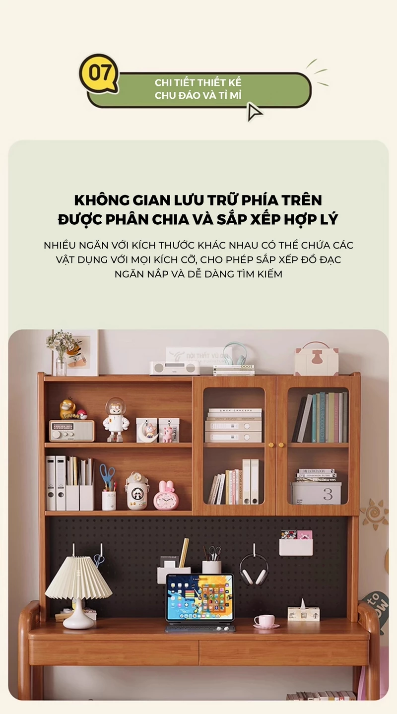 không gian lưu trữ tinh tế của Bàn gỗ tự nhiên thiết kế thanh lịch, hiện đại tích hợp giá sách lớn SD265