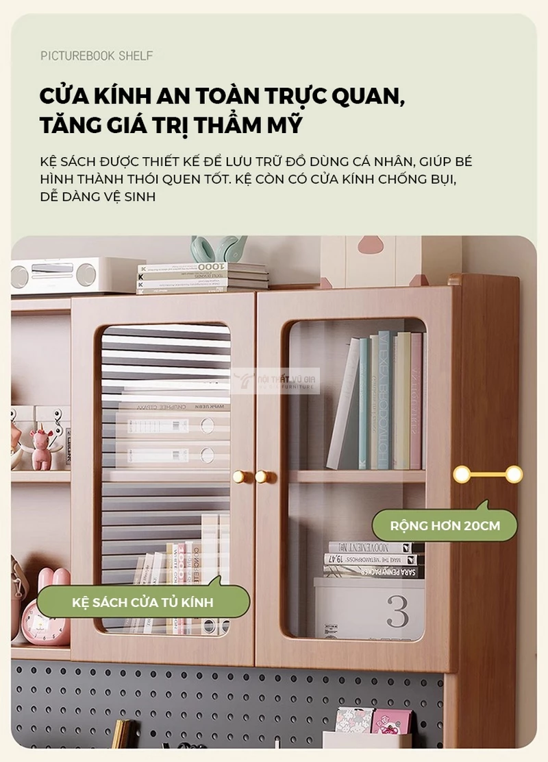 thiết kế tủ kính sang trọng của Bàn gỗ tự nhiên thiết kế thanh lịch, hiện đại tích hợp giá sách lớn SD265