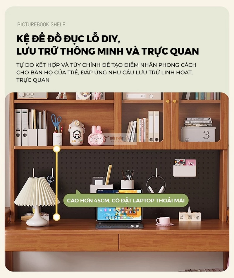 thiết kế bảng lỗ tinh tế của Bàn gỗ tự nhiên thiết kế thanh lịch, hiện đại tích hợp giá sách lớn SD265