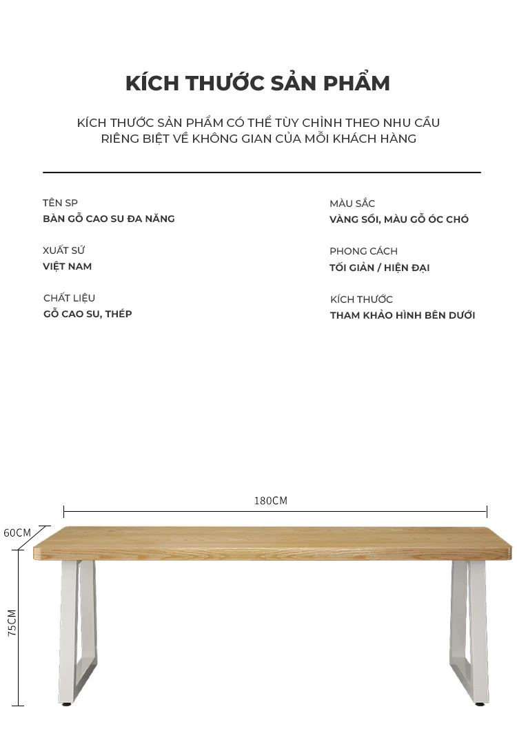 kích thước chi tiết của Bàn gỗ tự nhiên thiết kế tối giản SD201
