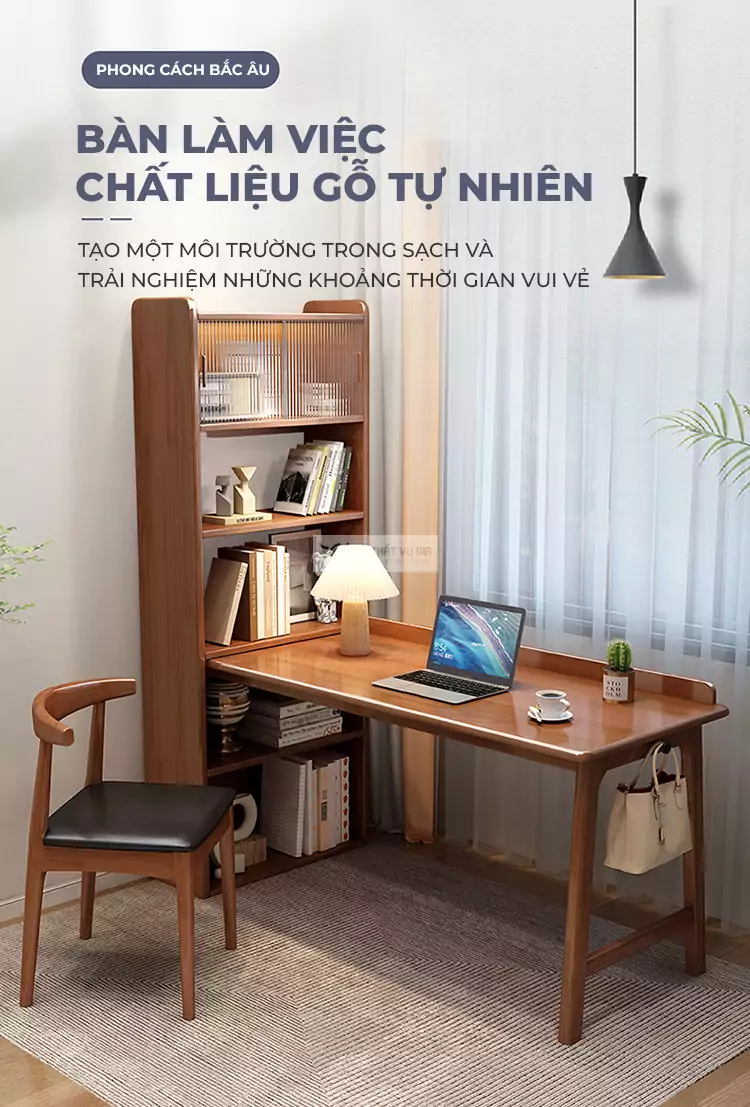 Bàn gỗ tự nhiên tích hợp giá sách đa năng SD32