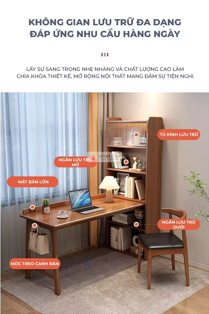 chi tiết không gian lưu trữ của Bàn gỗ tự nhiên tích hợp giá sách đa năng SD32