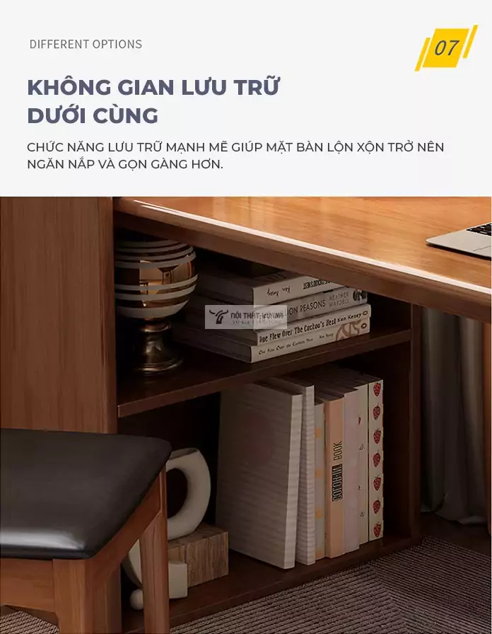 thiết kế lưu trữ gầm bàn tiện lợi của Bàn gỗ tự nhiên tích hợp giá sách đa năng SD32