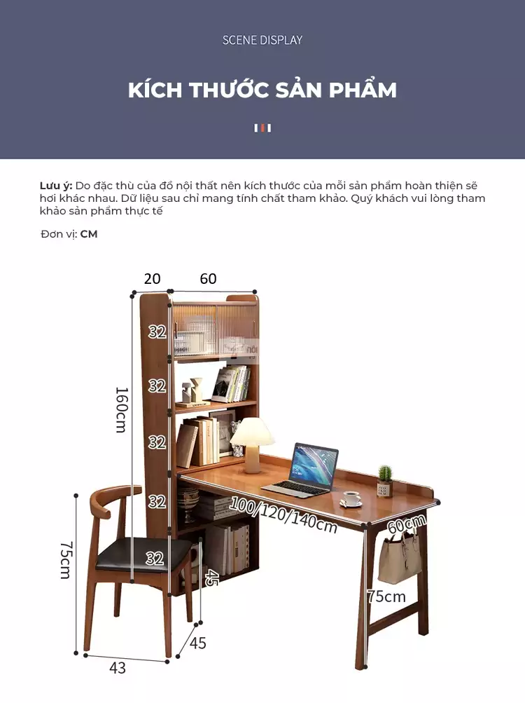 kích thước chi tiết của Bàn gỗ tự nhiên tích hợp giá sách đa năng SD32