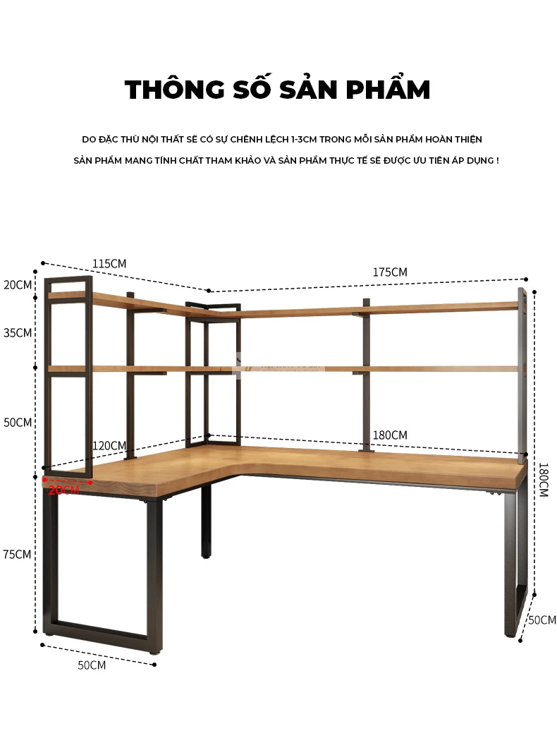 kích thước chi tiết của Bàn gỗ tự nhiên tích hợp giá sách hiện đại SD188