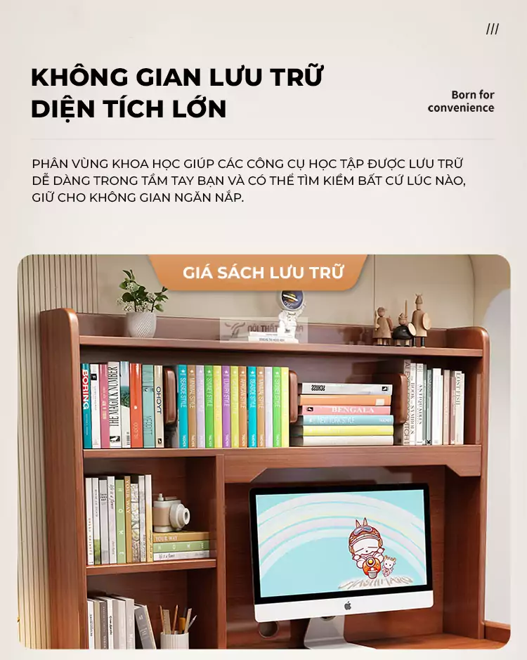 thiết kế không gian lưu trữ lớn của Bàn gỗ tự nhiên tích hợp giá sách lớn SD28