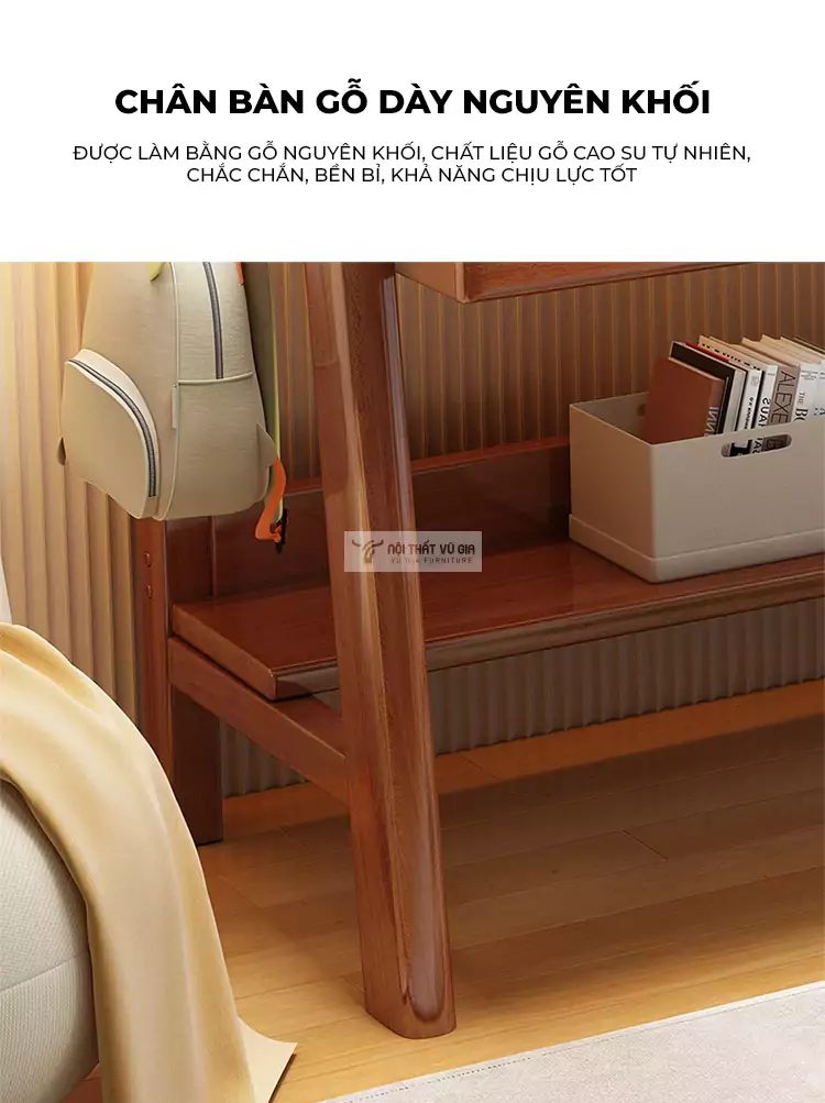Bàn gỗ tự nhiên tích hợp giá sách lớn SD28 sử dụng chân gỗ dày