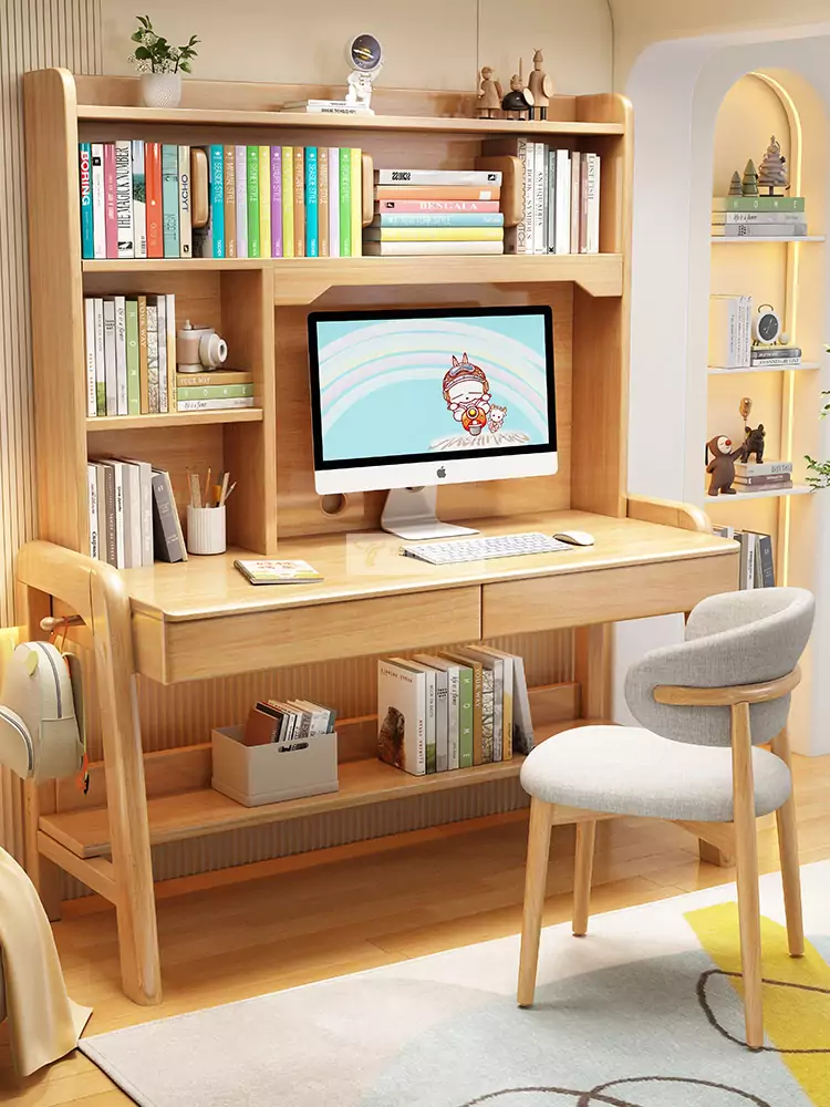 Bàn gỗ tự nhiên tích hợp giá sách lớn SD28