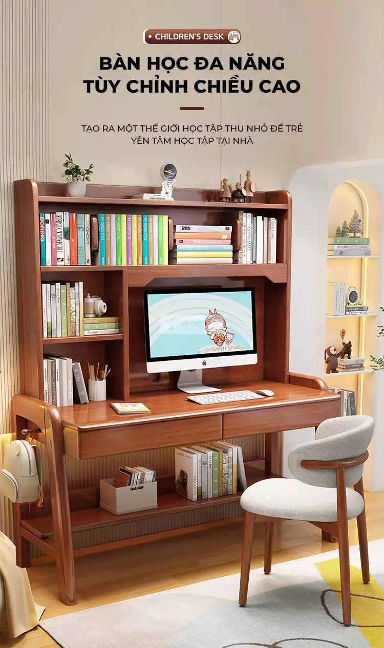 Bàn gỗ tự nhiên tích hợp giá sách lớn SD28