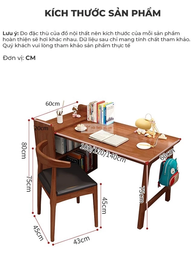 kích thước chi tiết của Bàn gỗ tự nhiên tích hợp kệ đa năng SD204