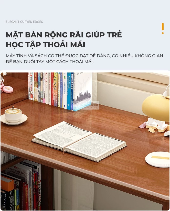 thiết kế mặt bàn rộng rãi của Bàn gỗ tự nhiên tích hợp kệ đa năng SD204