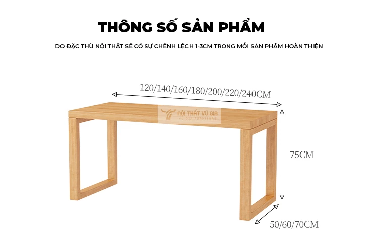 kích thước chi tiết của Bàn gỗ tự nhiên tối giản SD234