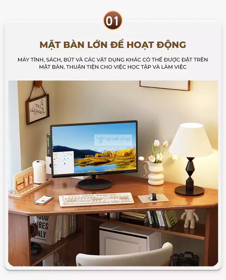 thiết kế mặt bàn lớn của Bàn góc gỗ tự nhiên thiết kế tối ưu không gian SD31