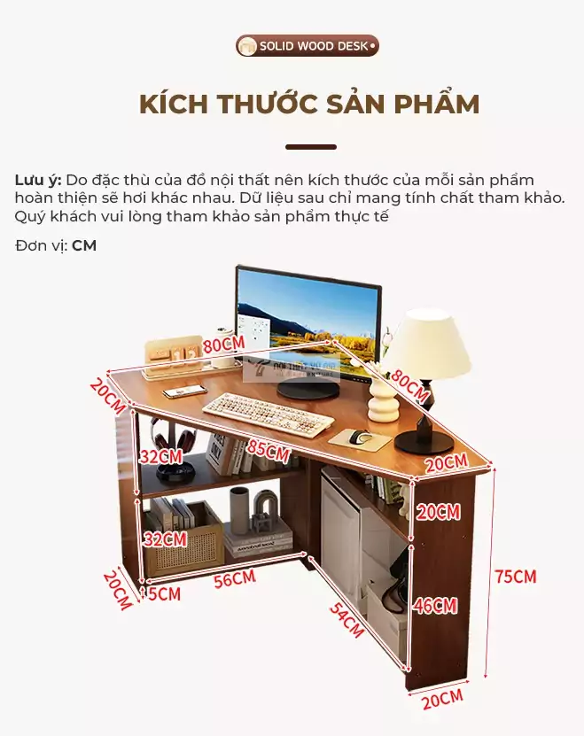 kích thước chi tiết của Bàn góc gỗ tự nhiên thiết kế tối ưu không gian SD31