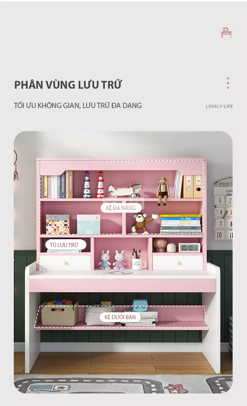 thiết kế phân vùng lưu trữ của Bàn học chất liệu MDF cốt xanh chống ẩm cao cấp SD58
