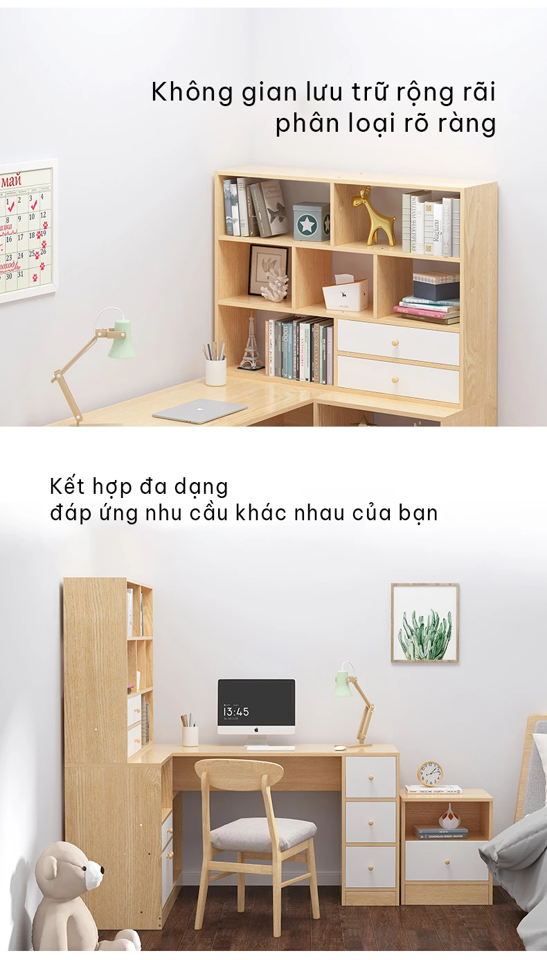 thiết kế phân vùng lưu trữ rõ ràng của Bàn học chữ L tích hợp giá sách SD123