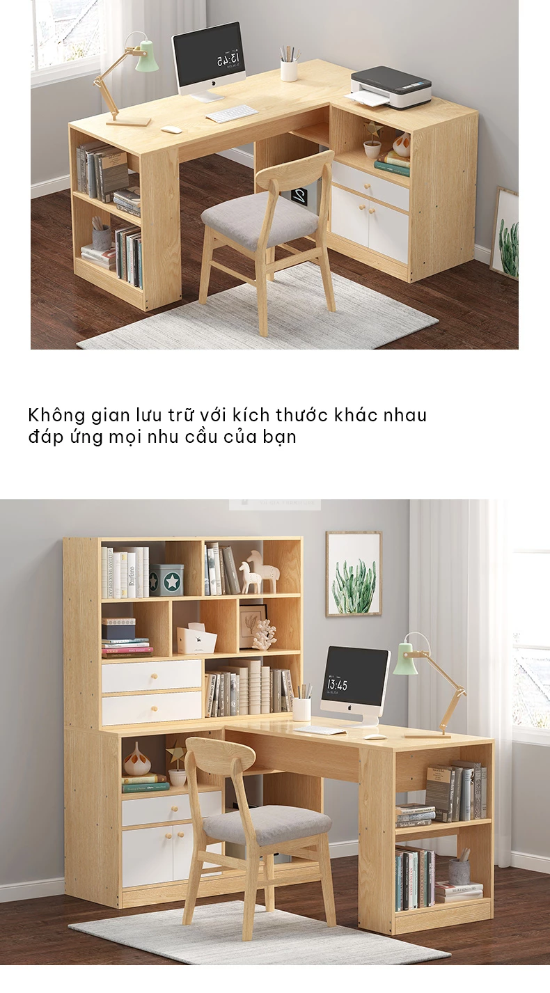 không gian làm việc hiệu quả, tiện lợi của Bàn học chữ L tích hợp giá sách SD123