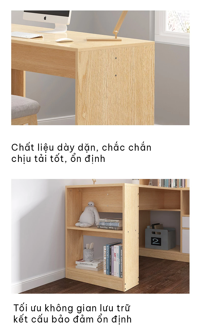 Bàn học chữ L tích hợp giá sách SD123 sử dụng chất liệu dày dặn, chắc chắn