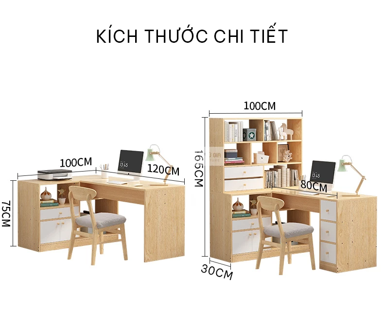 kích thước chi tiết của Bàn học chữ L tích hợp giá sách SD123