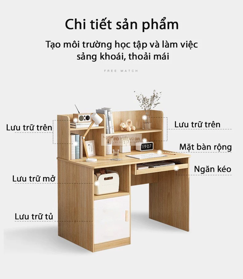 chi tiết không gian lưu trữ của Bàn học kết hợp giá sách thiết kế tối ưu SD136