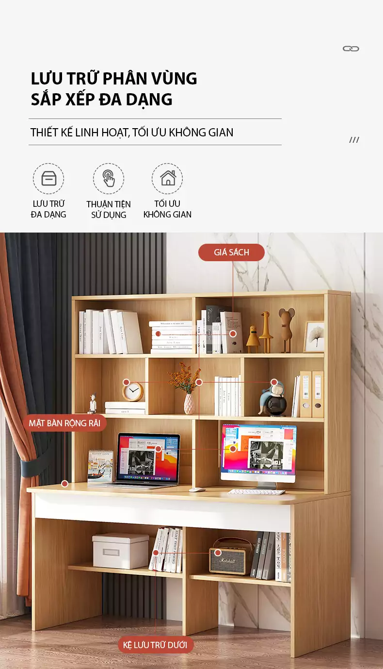 thiết kế phân vùng lưu trữ của Bàn học kết hợp kệ sách đa lưu trữ SD56