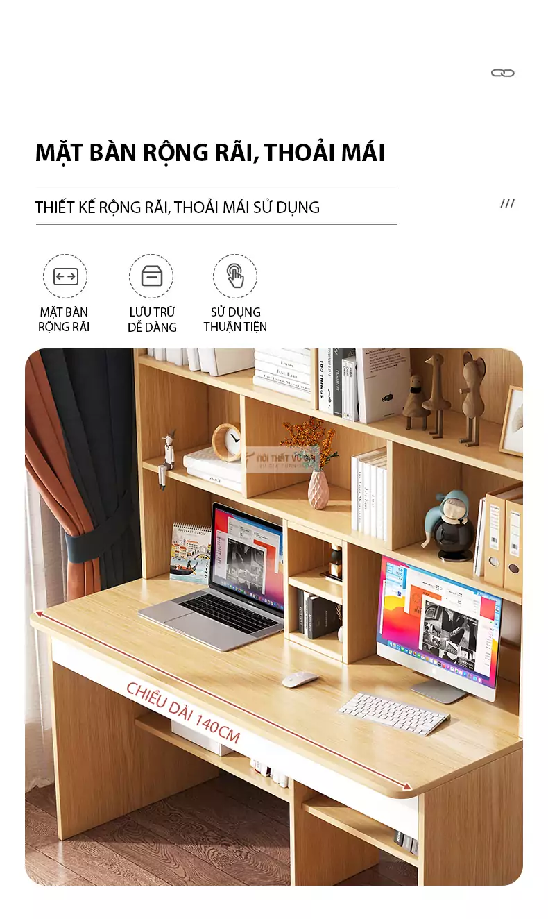 thiết kế mặt bàn rộng của Bàn học kết hợp kệ sách đa lưu trữ SD56