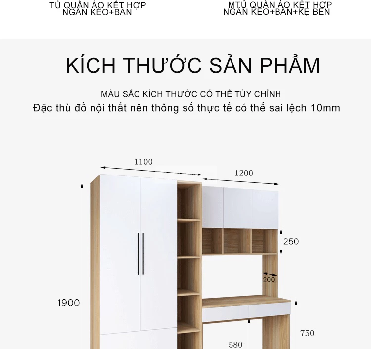 kích thước chi tiết của Bàn học kết hợp tủ quần áo SD124