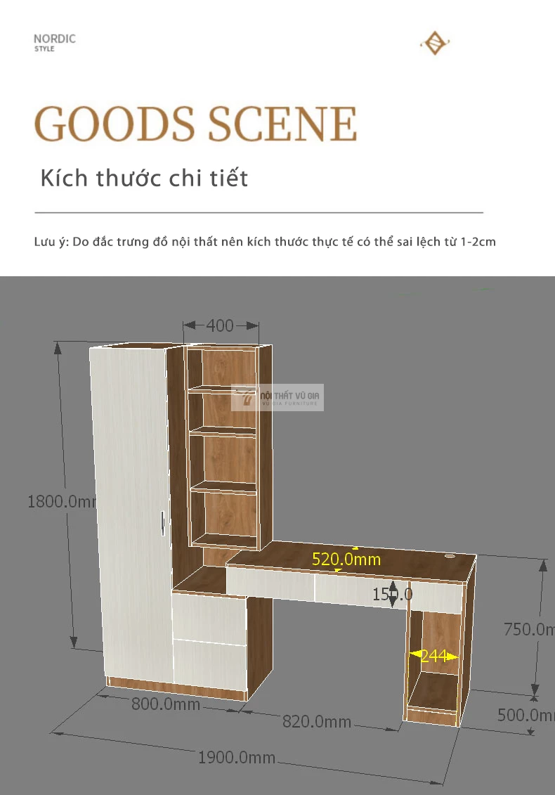 kích thước chi tiết của Bàn học kết hợp tủ quần áo tối giản SD133