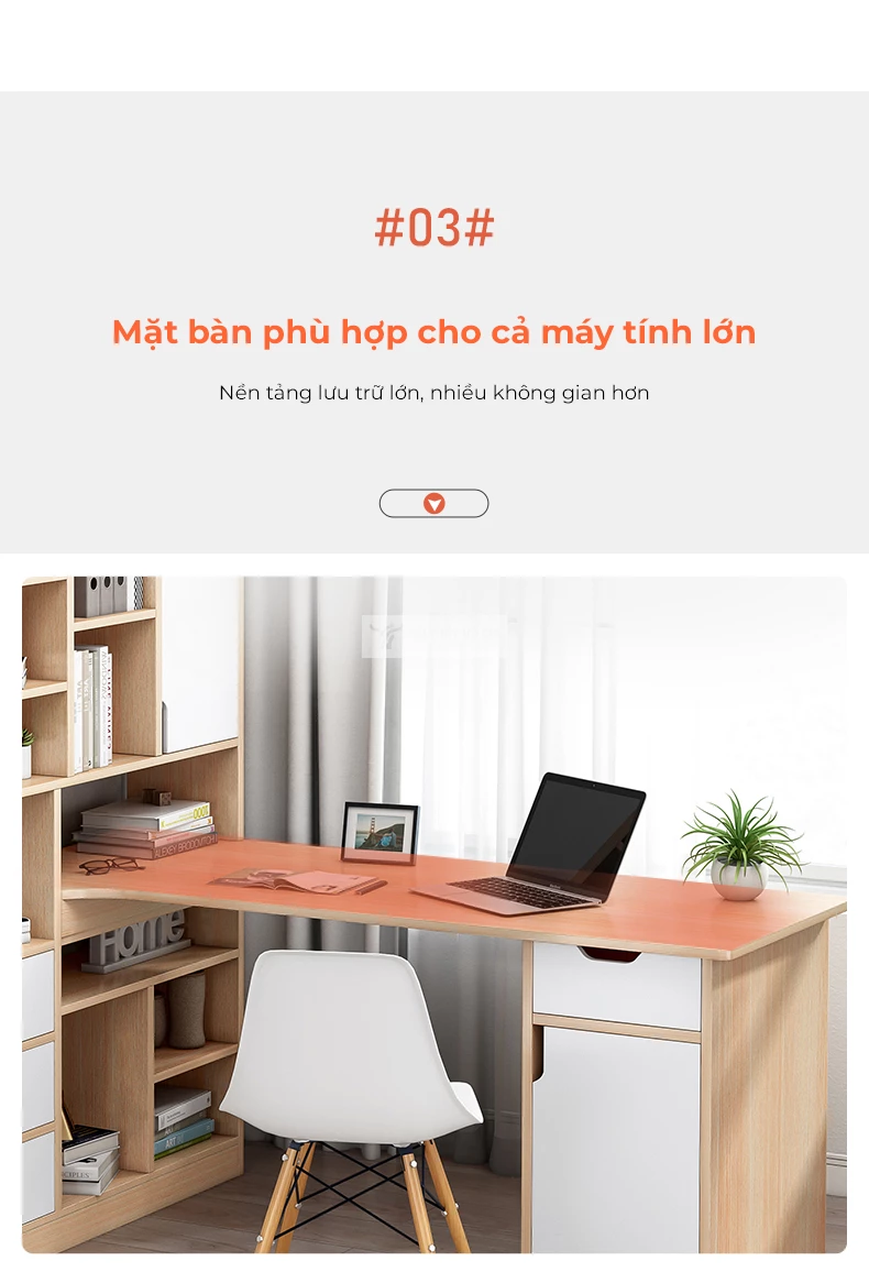 thiết kế mặt bàn rộng rãi của Bàn học sinh chữ L có giá sách lớn SD207