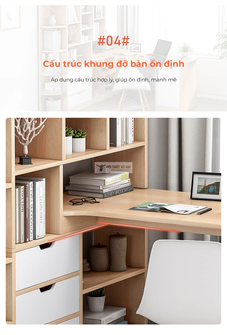 thiết kế khung đỡ chắc chắn của Bàn học sinh chữ L có giá sách lớn SD207