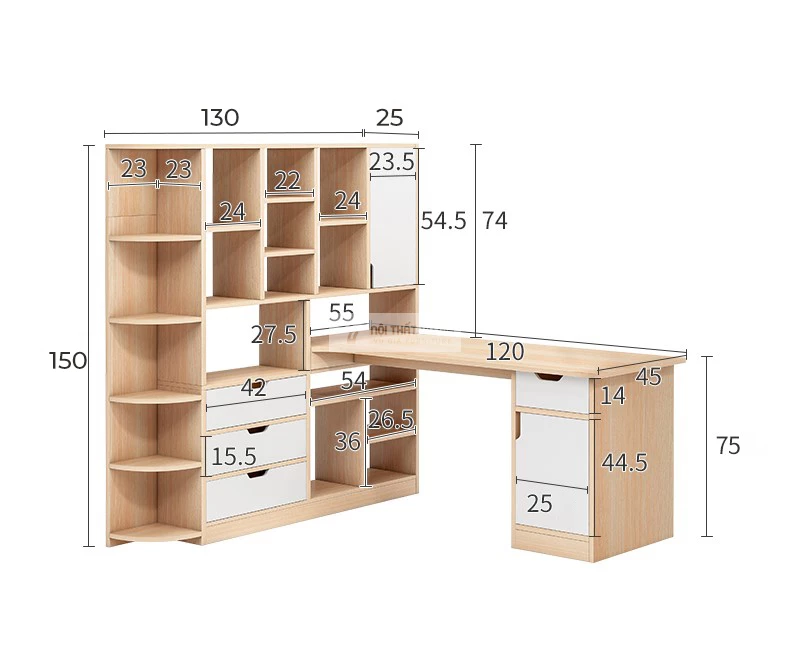 kích thước chi tiết của Bàn học sinh chữ L có giá sách lớn SD207