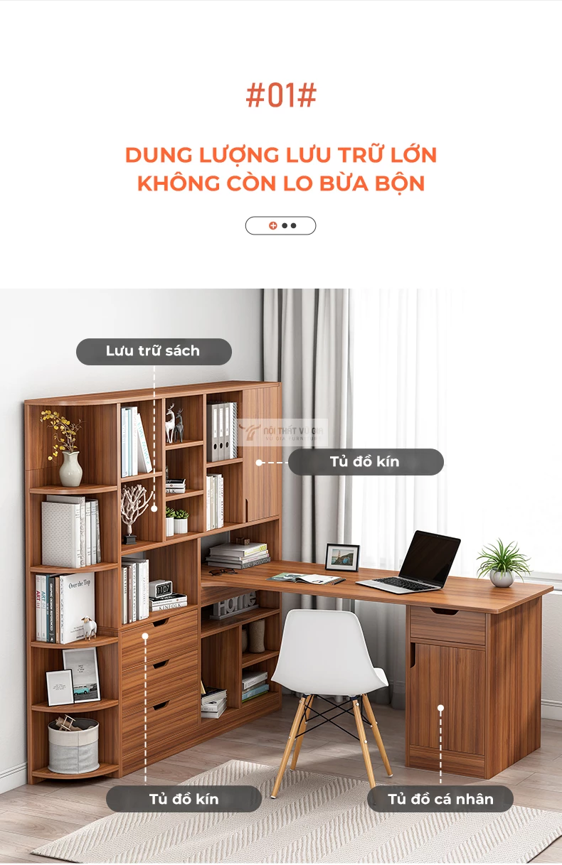 thiết kế không gian lưu trữ rộng rãi của Bàn học sinh chữ L có giá sách lớn SD207