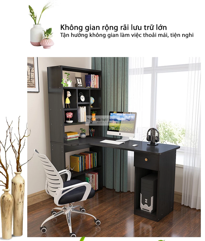 không gian lưu trữ rộng rãi, đa dạng của Bàn học sinh chữ L kết hợp giá sách SD195