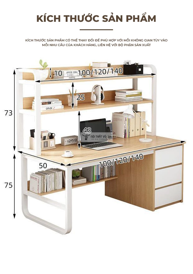 kích thước chi tiết của Bàn học sinh có giá sách và tủ lưu trữ SD149