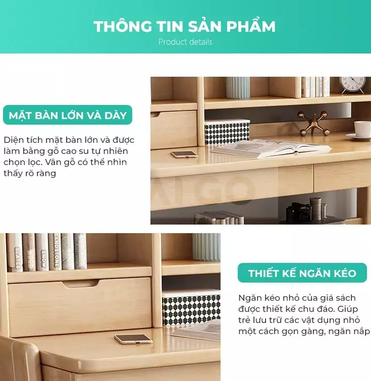 Bàn Hoc Sinh Gỗ Tự Nhiên Đa Năng Haigo BGT040