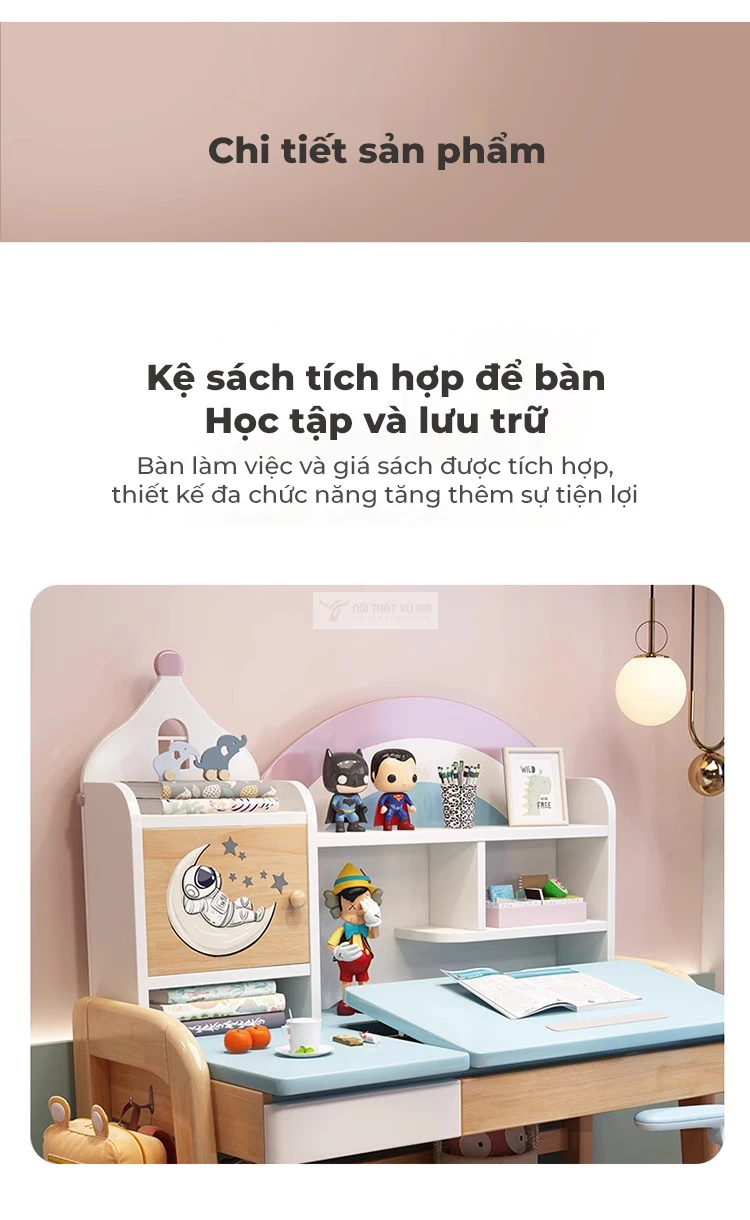 thiết kế tích hợp kệ sách đa năng của Bàn học sinh gỗ tự nhiên phong cách hiện đại SD259