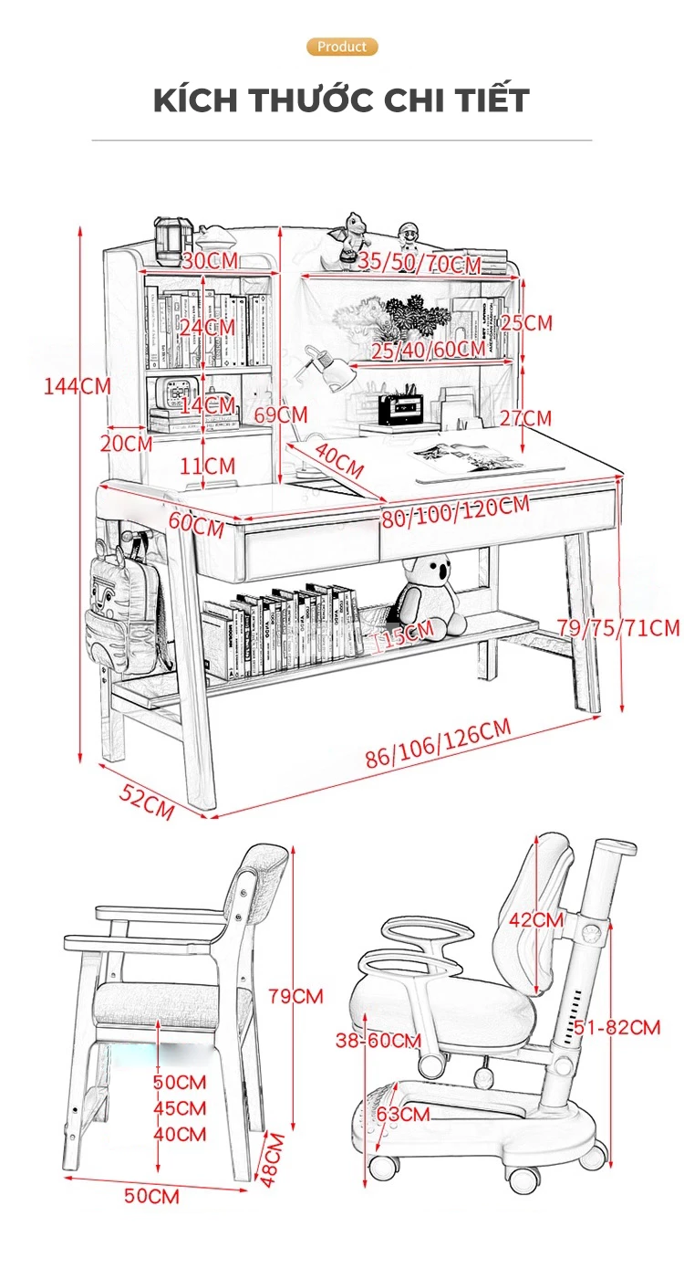 kích thước chi tiết của Bàn học sinh gỗ tự nhiên thiết kế thông minh SD258