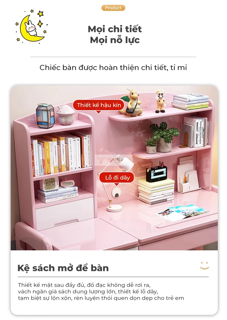 chi tiết kệ sách mặt bàn của Bàn học sinh gỗ tự nhiên thiết kế thông minh SD258