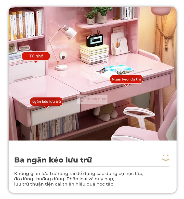 không gian lưu trữ của Bàn học sinh gỗ tự nhiên thiết kế thông minh SD258