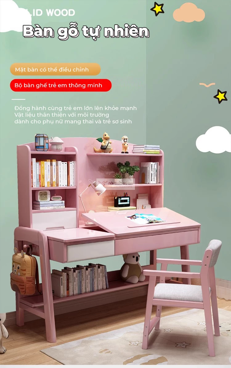 Bàn học sinh gỗ tự nhiên thiết kế thông minh SD258