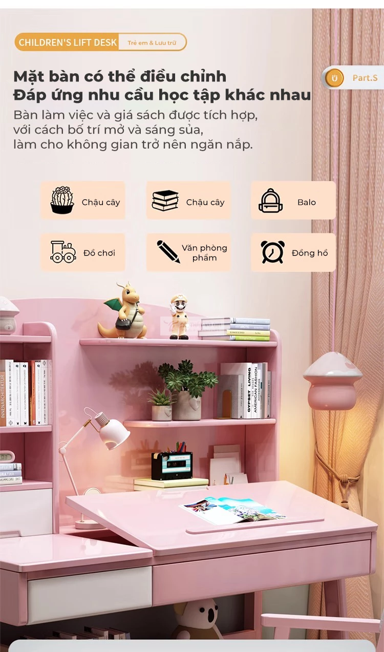không gian lưu trữ của Bàn học sinh gỗ tự nhiên thiết kế thông minh SD258
