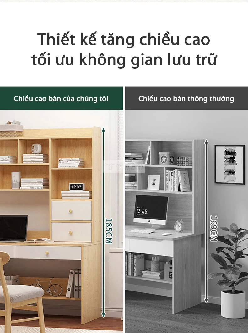 thiết kế tăng chiều cao kệ sách tối ưu không gian của Bàn học sinh kết hợp giá sách SD122