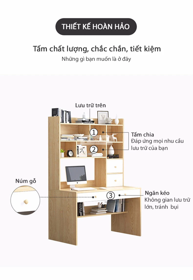 chi tiết không gian lưu trữ của Bàn học sinh kết hợp giá sách SD122