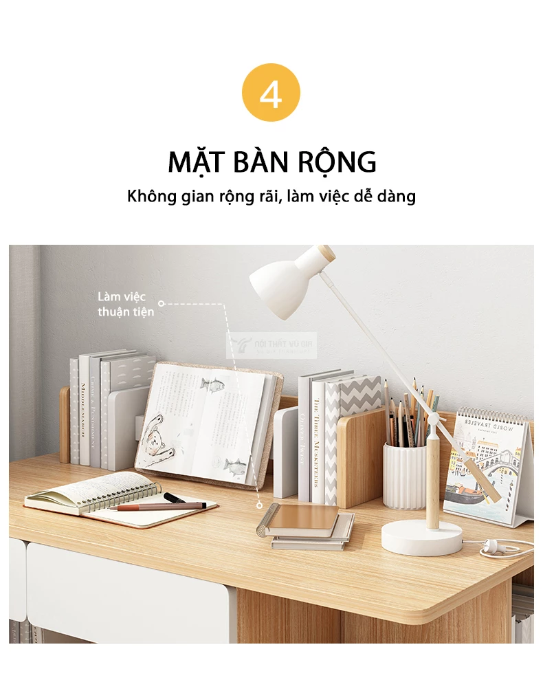 thiết kế mặt bàn rộng rãi của Bàn học sinh kết hợp giá sách SD196