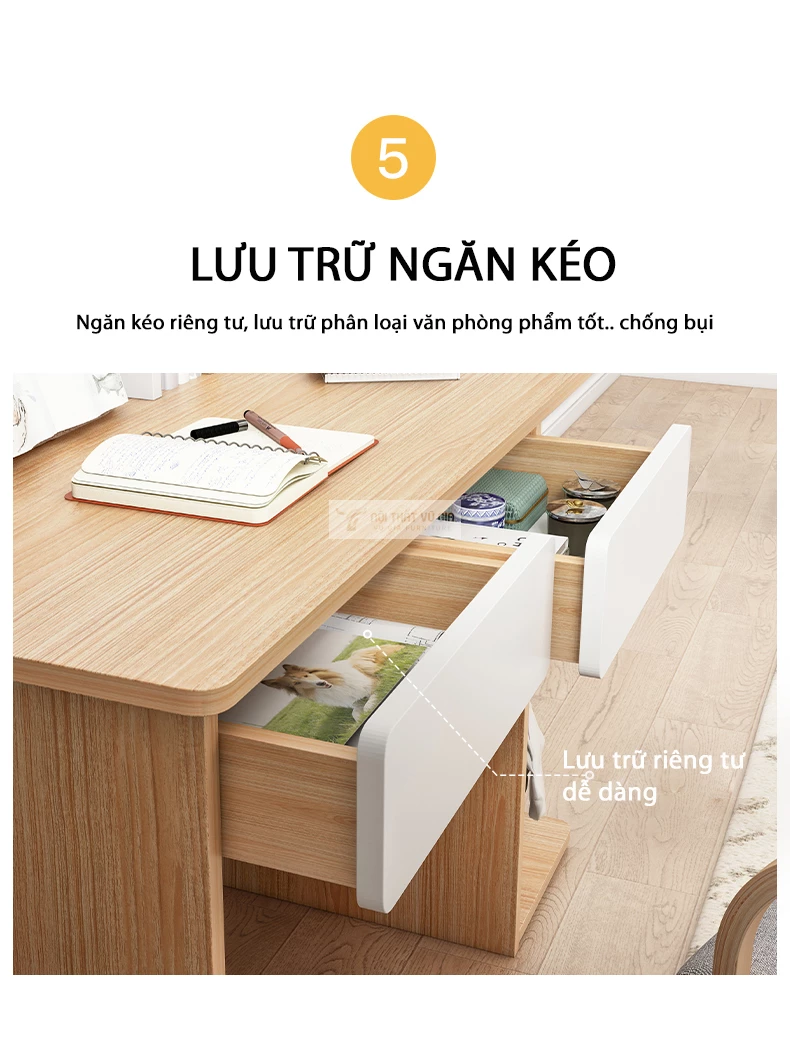 thiết kế lưu trữ ngăn kéo tiện lợi của Bàn học sinh kết hợp giá sách SD196